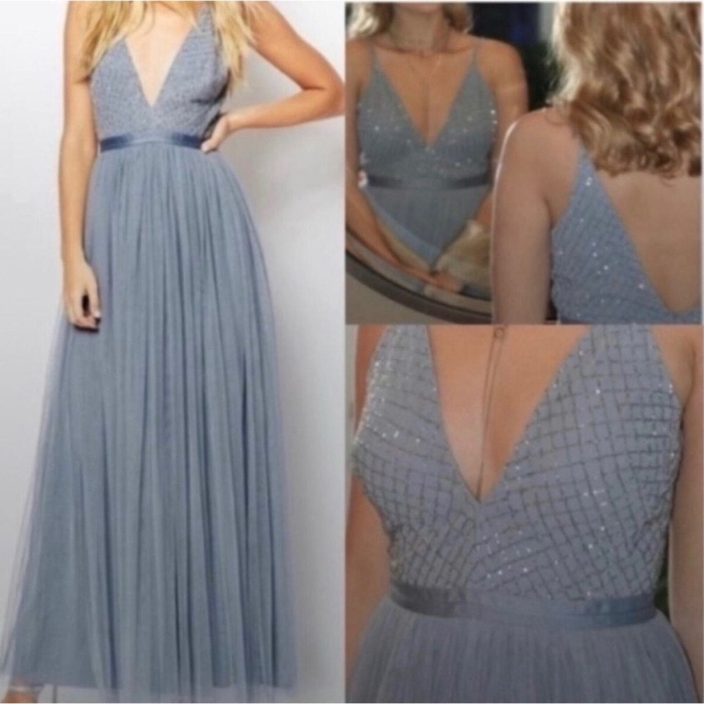 Needle & Thread Plunge V Tulle Maxi Dress Dusty Blue Beaded Gown US 8 - FLAW